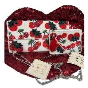 🍓🍒VIRAL SOL and MER Beaded Flap Cherry & Strawberry Clutch & Coin Pouch🍓🍒NWT